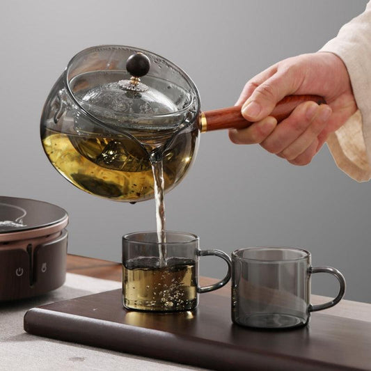 Semi-automatic Rotary Heat-resistant Glass Teapot Lazy Tea Making With Infuser And Wooden Handle Office Home Accessories Kitchen Gadgets