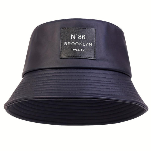 Stylish PU Leather Bucket Hat with Classic Label Patch - Adjustable Sunshade Fisherman Cap for Women/Men" - J & B's Accessories