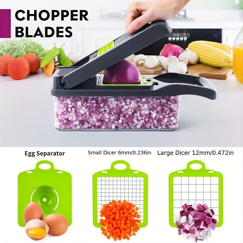 15 in 1 Uncharged Multifunctional Food Chopper – Durable Plastic Vegetable Slicer, Salad Cutter & Potato Shredder with 8 Blades and Container (13.7*4.7 Inches) - J & B's Accessories