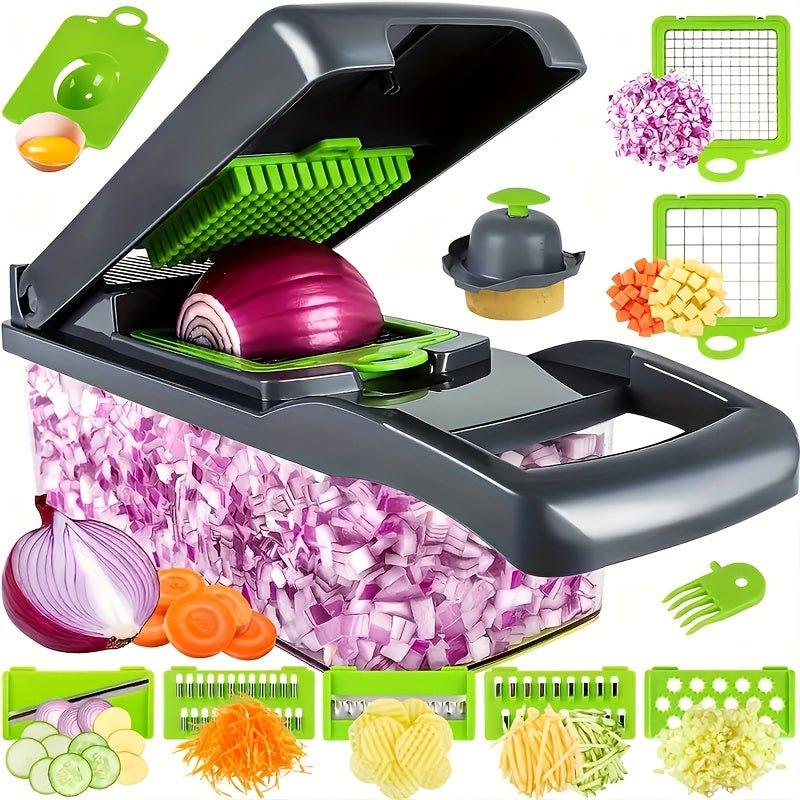 15 in 1 Uncharged Multifunctional Food Chopper – Durable Plastic Vegetable Slicer, Salad Cutter & Potato Shredder with 8 Blades and Container (13.7*4.7 Inches) - J & B's Accessories