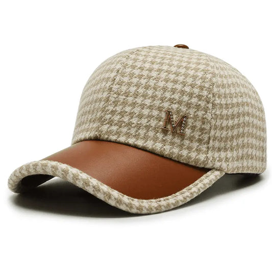 "Unisex Houndstooth Baseball Cap with Rhinestone ""M"" Decoration - Stylish Sun Protection for Carnival and Beyond" - J & B's Accessories
