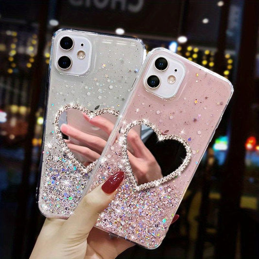 Luxurious Rhinestone Sparkling Love Heart Mirror Suitable For Iphone13 Series 13promax Phone Case For IPhone 14 Series 14promax - J & B's Accessories