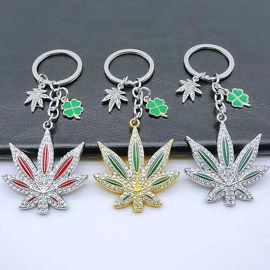 Rhinestone Inlaid Maple Leaf Keychain, Four Leaf Clover Pendant Alloy Keyring, Bag Backpack Charm Car Hanging Pendant Earbud Case Cover Accessories Women Girls Gift - J & B's Accessories