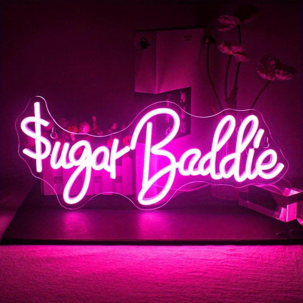 1pc Sugar Baddie Neon Sign, Pink Dollar Led Neon Wall Decor Letters Light Sign, Bedroom Playroom Living Room Library Beautiful Wedding Birthday Party Decoration, Girls Gifts - J & B's Accessories