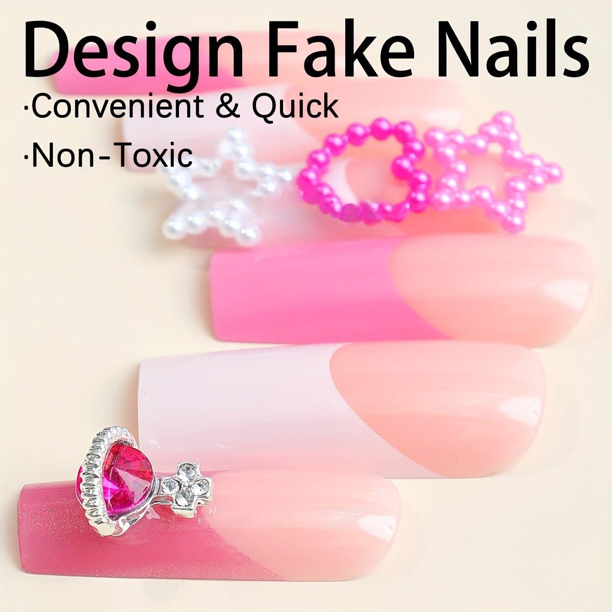 24pcs Long Square French Wearable Nails with 3D Candy, Pinkish Bear, and Star Shapes Pearl Decorations. Includes 1pc Nail File and 1sheet Adhesive Tabs" - J & B's Accessories