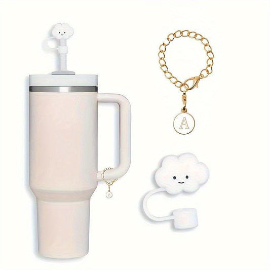 2pcs/set Initial Letter Chain Charm And Cloud Straw Tip Cover Set For Stanley Tumbler, 10mm/0.394in Straw Cap For Drinking Straw, Creative Decorative Charm For Water Cup, Cup Accessories - J & B's Accessories