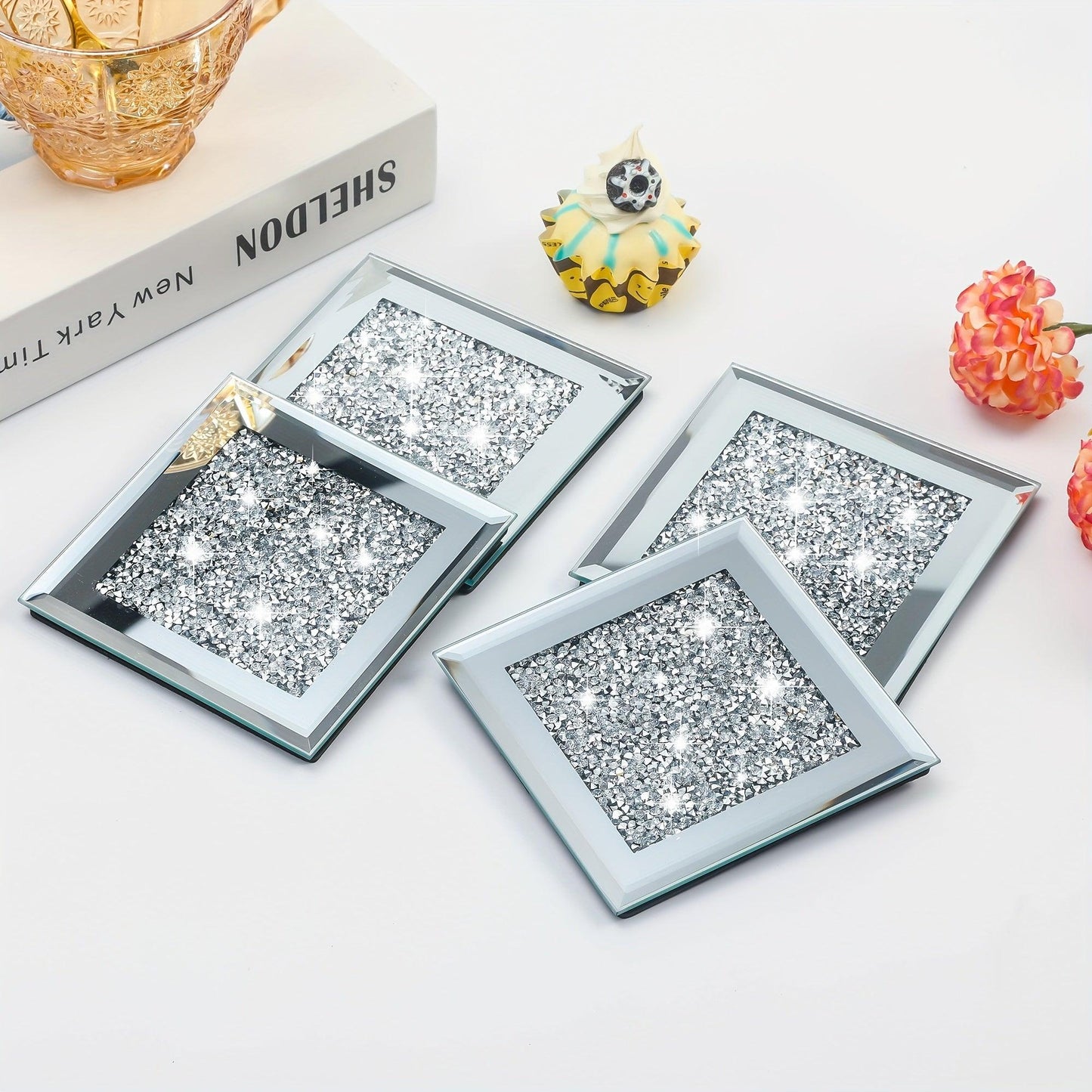 4pcs/set Insulated Glass Coasters with Crushed Diamond Design - Stylish and Durable Drink Mats for Tea, Coffee, and More - J & B's Accessories
