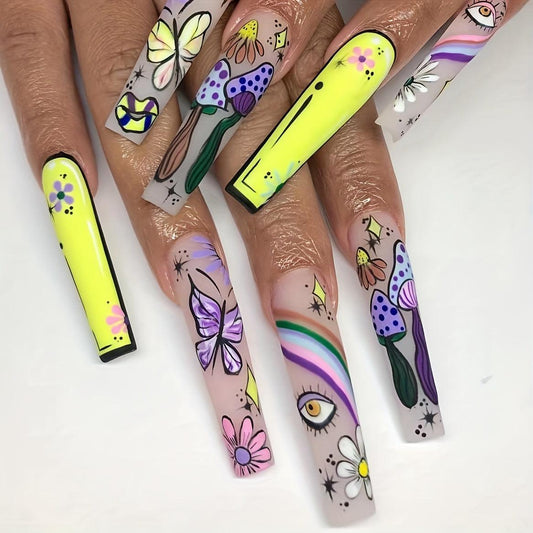 4 Packs (96 Pcs) Extra Long Coffin Press On Nails Set - Flower, Cartoon Eye, Snake, Butterfly Designs - Ballerina Glue On Nails - Includes Adhesive Tabs and Nail File for Women"