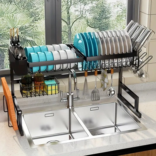 Versatile Two-Tier Expandable Stainless Steel Over-Sink Dish Rack: Multi-functional Kitchen Organizer Featuring Dedicated Knife, Cup Storage - Boosting Counter Space