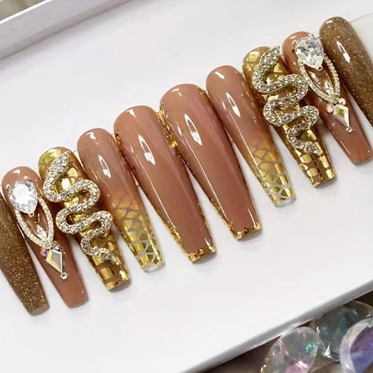 24pcs Nude Glossy Long Ballerina Fake Nails with Golden Glitter and Snake Rhinestone Design - Coffin False Nails for Women and Girls