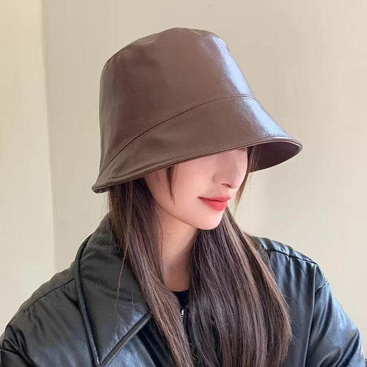 Trendy Solid Color PU Leather Bucket Hat, Lightweight Windproof Fashion Fisherman Hat - J & B's Accessories