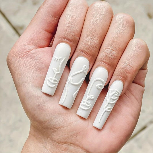 Matte White Ballerina False Nails - 24pcs Frosted Long Press On Fake Nails - 3D Embossed Art - Full Cover Acrylic Nail Art Set for Women and Girls - Party Wear