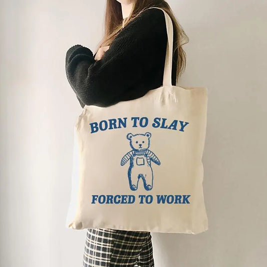 Born To Slay And Bear Print Tote Bag, Aesthetic Canvas Travel Shoulder Bag, Lightweight Grocery Shopping Bag - J & B's Accessories