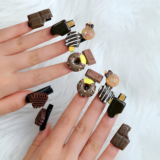Get Glamorous with 24PCS Black Long Square Fake Nails featuring Cute 3D Candy Chocolate Popsicle, Lollipop, Donut, and Waffle Designs - Perfect Cartoon False Nails for Women and Girls