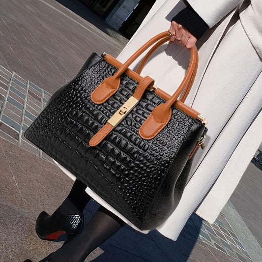 Retro Genuine Leather Handbag, Crocodile Pattern Shoulder Bag, Fashion Colorblock Tote Bag For Women - J & B's Accessories