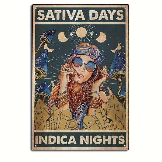 1pc Funny Metal Tin Signs Sativa Days Indica Nights Metal, Hippie Room Decor, Wall Gifts, Psychedelic Stoner Weed Art - J & B's Accessories
