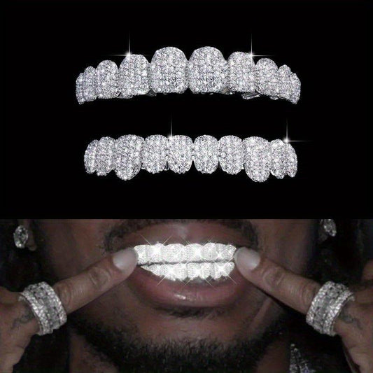 Dazzling Unisex 18K Gold Plated Cubic Zirconia Teeth Grillz - Punk-Style Top & Bottom Set for Edgy Men and Women - J & B's Accessories