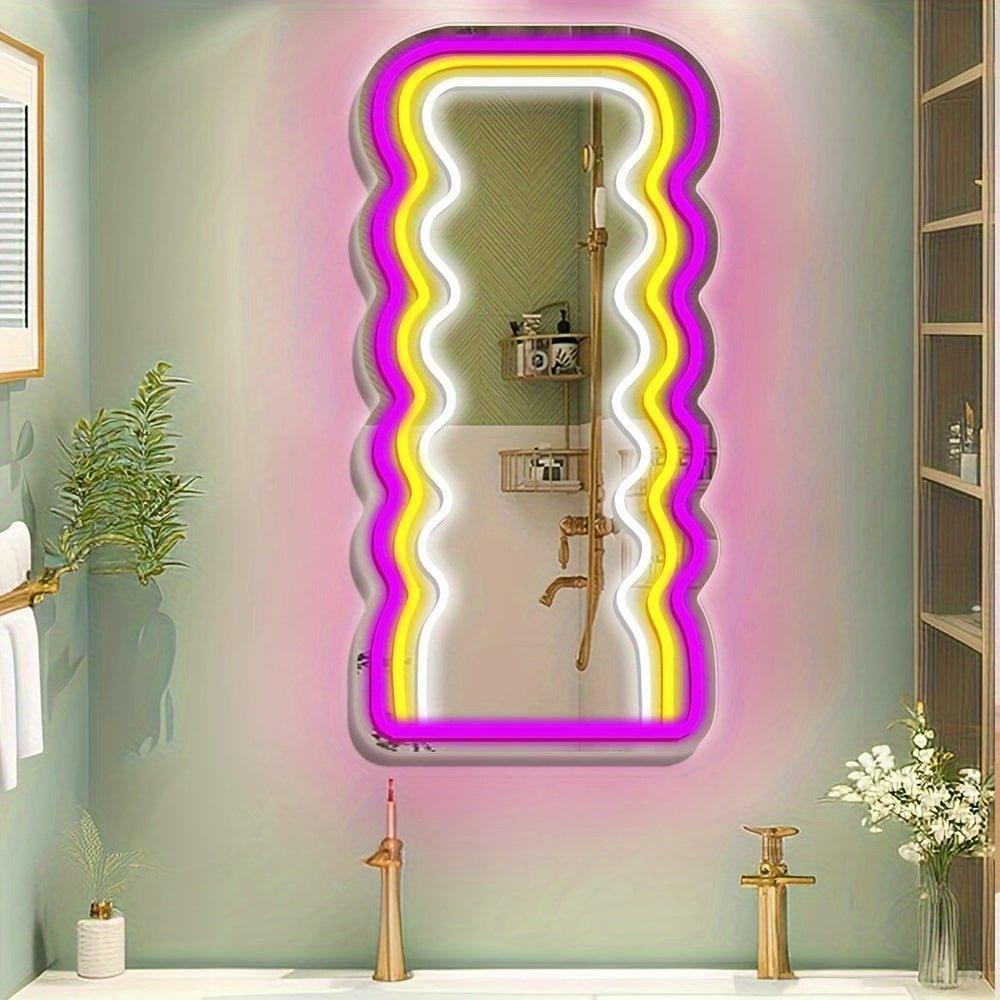 Dimmable Neon Dressing Mirror with Wave Pattern - Wall-Mounted Makeup Mirror with USB Power Supply for Home Decor and Vanity - Perfect Gift for Wife and Daughter - J & B's Accessories