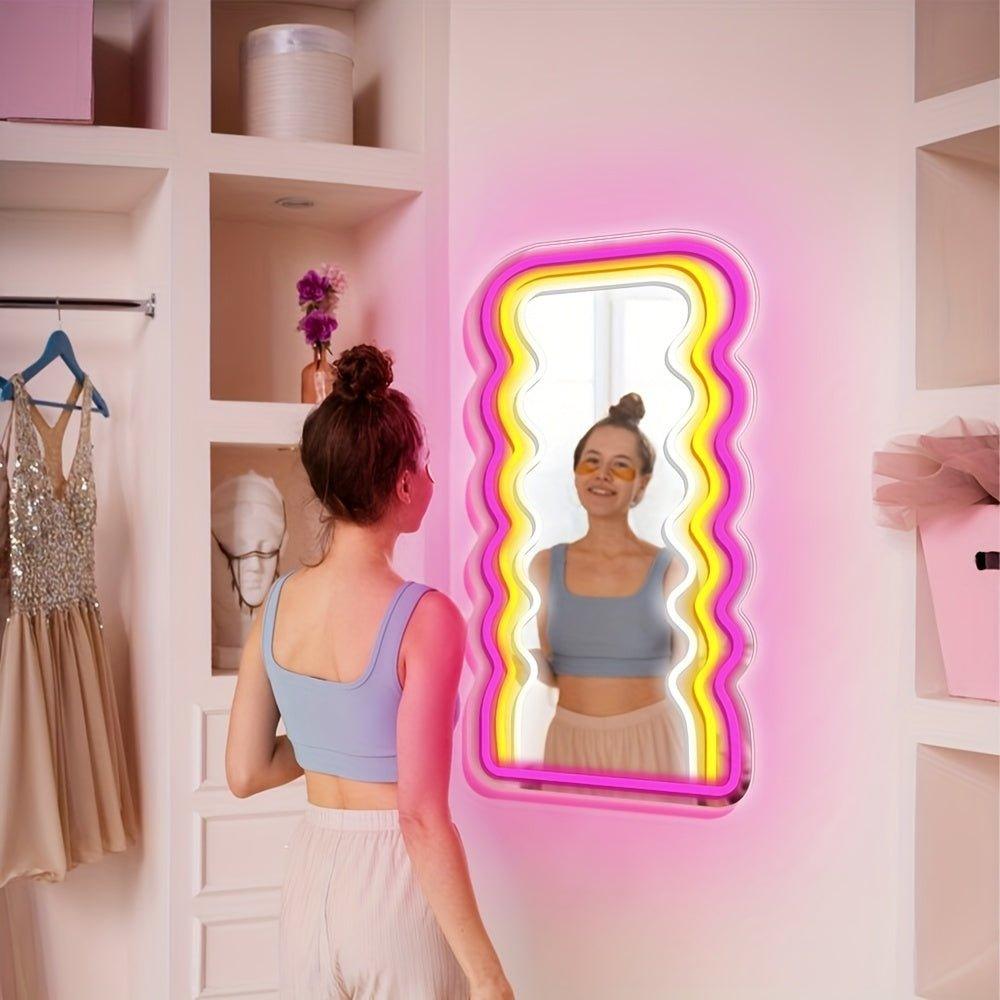 Dimmable Neon Dressing Mirror with Wave Pattern - Wall-Mounted Makeup Mirror with USB Power Supply for Home Decor and Vanity - Perfect Gift for Wife and Daughter - J & B's Accessories