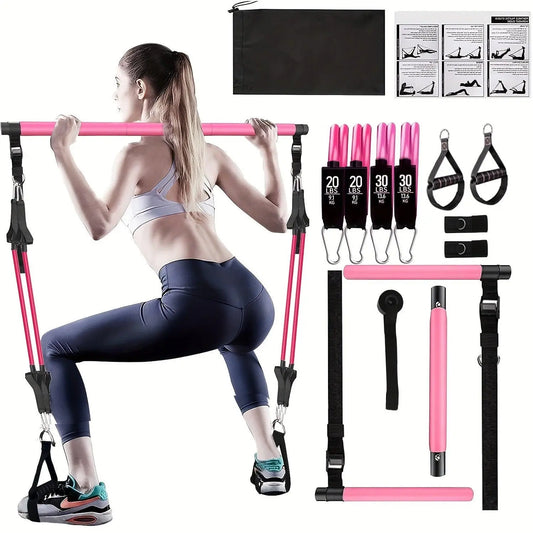 Adjustable Pilates Bar Kit: 4 Resistance Bands (30, 20 Lbs) And 3 Sections Stackable Fitness Bar, Portable Multifunctional Fitness Equipment For Yoga Exercise And Workout - J & B's Accessories