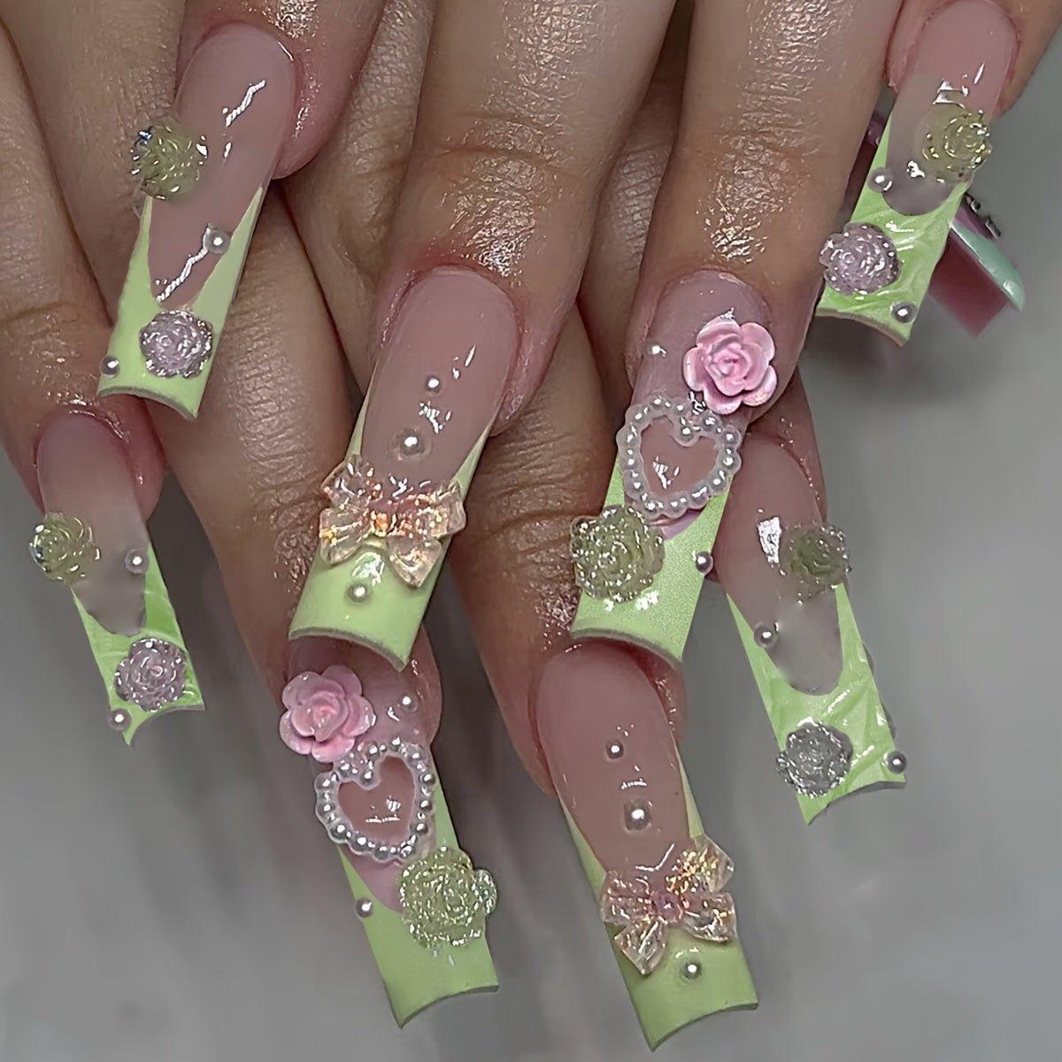 Elegant 24pcs 3D Aurora Press-On Nails Set – Long, Square-shaped, Pearlescent Green & Pink, Heart and Flower Patterns, Faux Pearl Accents, Comes with Jelly Glue & Nail File - J & B's Accessories