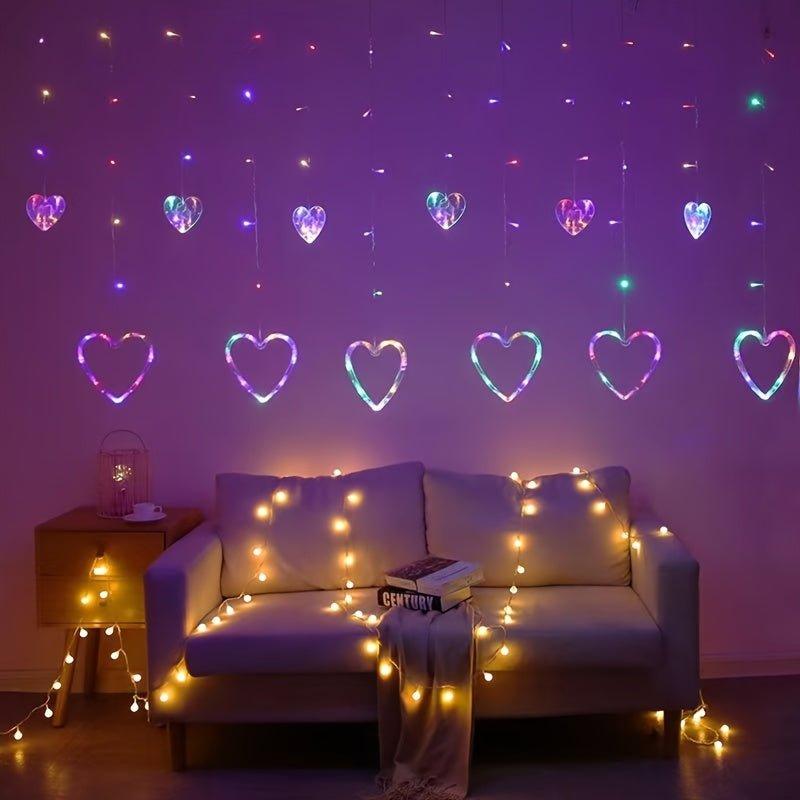 LED Heart Curtain Fairy String Lights, Multicolored Lights/Warm Yellow Lights, Ideal for Valentine's Day, Christmas, Wedding, Bedroom Party, Birthday, Home Decorations - J & B's Accessories