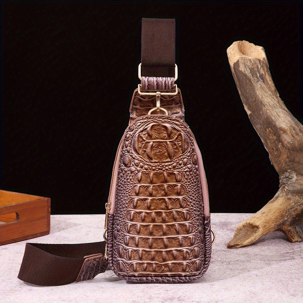 Men's Leather Chest Bag, Crocodile Pattern Large Capacity Shoulder Bag - J & B's Accessories