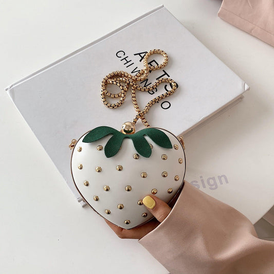 Mini Sweet Heart Shaped Bag, Strawberry Design Rivets Decor Chain Wallet - J & B's Accessories